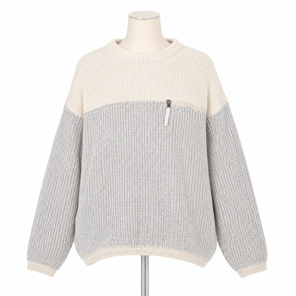 Varley Darwell Sweater Medium Cream Grey Colorblock Chunky Knit Side Zip Pocket